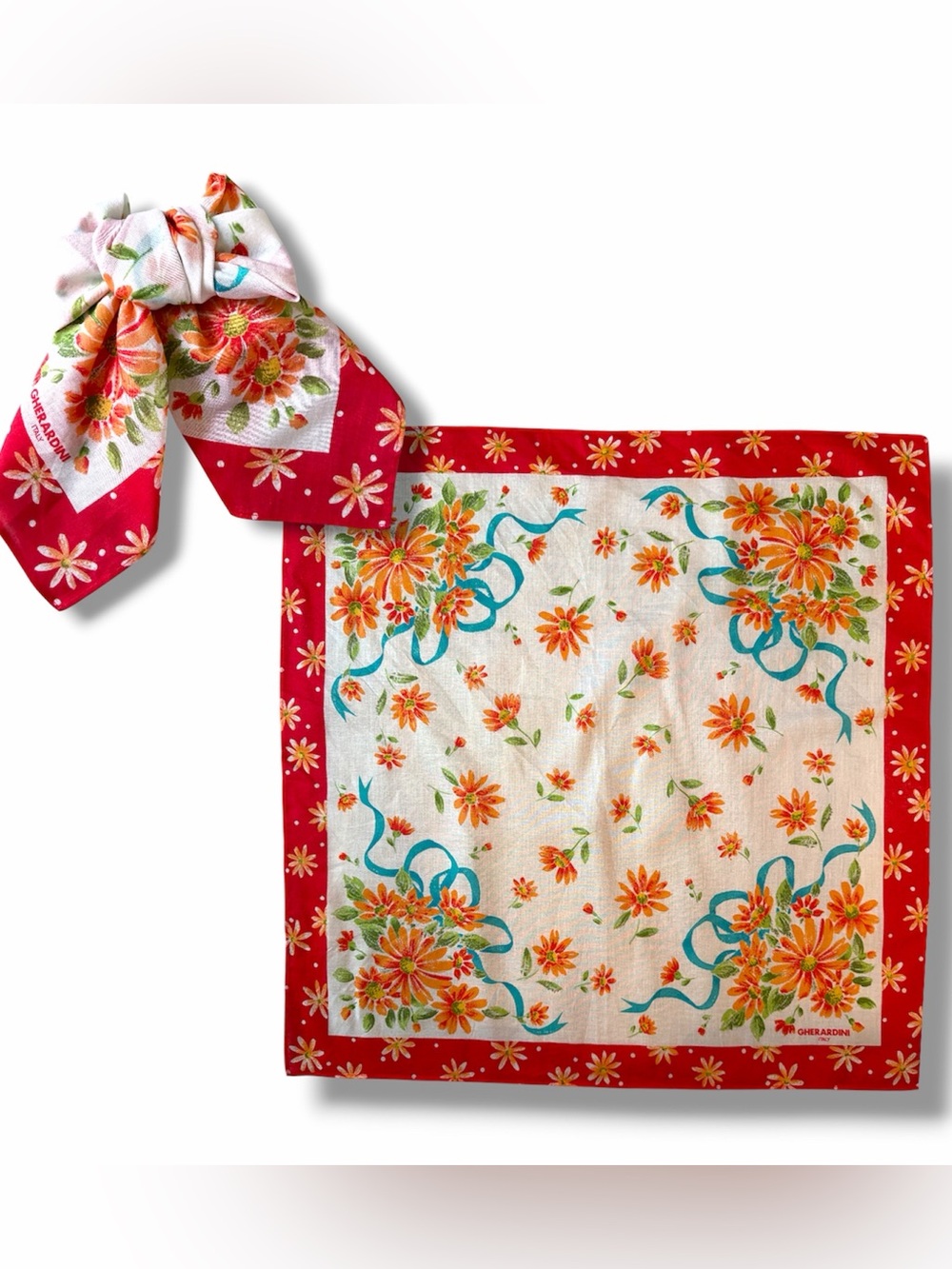 Gherardini Italy scarf Italy vibrant floral & blue ribbons 4-in-1 DIY Scarf Bow